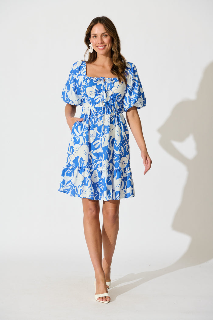 Andretta Dress in Blue and White Floral Cotton full length