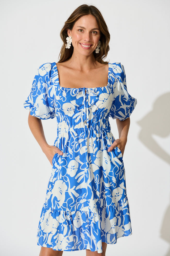 Andretta Dress in Blue and White Floral Cotton front