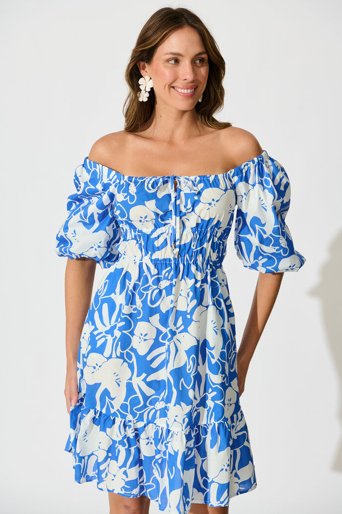 Andretta Dress in Blue and White Floral Cotton front off shoulder