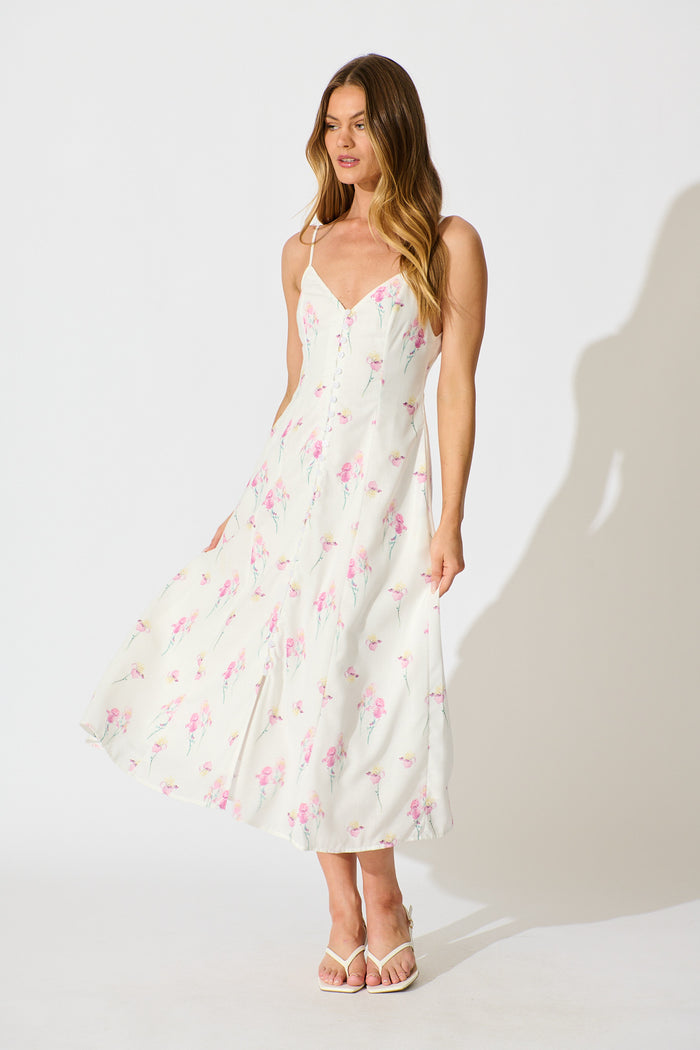 Orlaith Midi Dress in White and Pink Floral Linen Blend full length