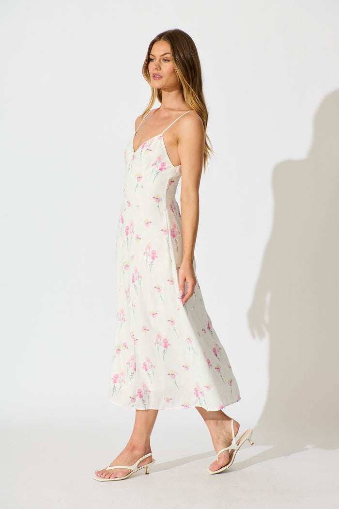 Orlaith Midi Dress in White and Pink Floral Linen Blend front