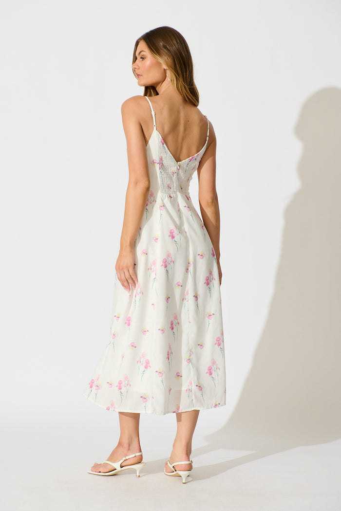 Orlaith Midi Dress in White and Pink Floral Linen Blend side