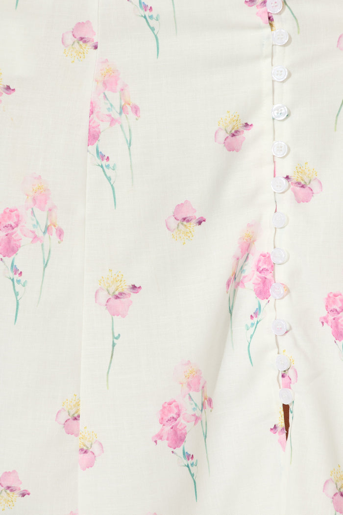Orlaith Midi Dress in White and Pink Floral Linen Blend fabric