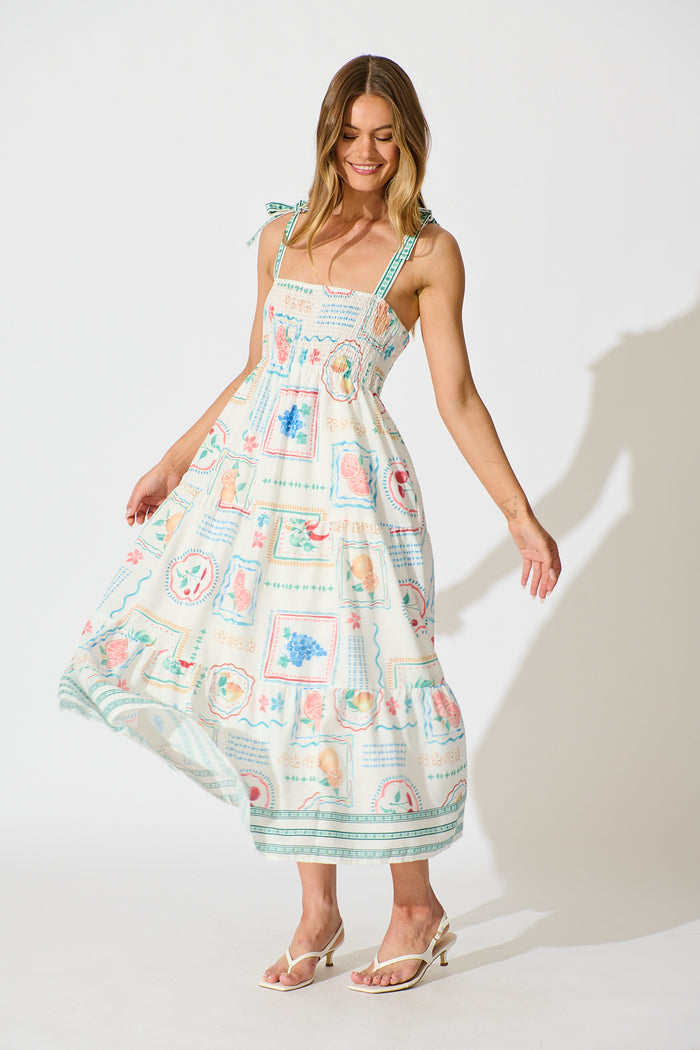 Catia Maxi Sundress in White with Green Multi Linen Blend full length