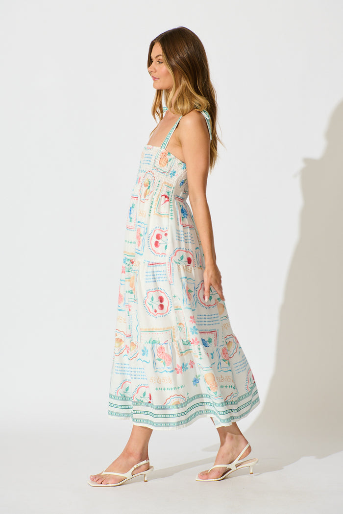 Catia Maxi Sundress in White with Green Multi Linen Blend side