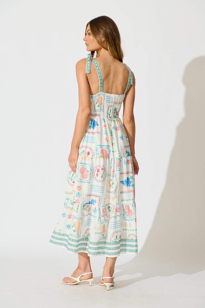 Catia Maxi Sundress in White with Green Multi Linen Blend back