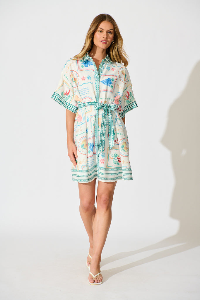 Petra Shirt Dress in in White with Green Multi Print Linen Blend full length