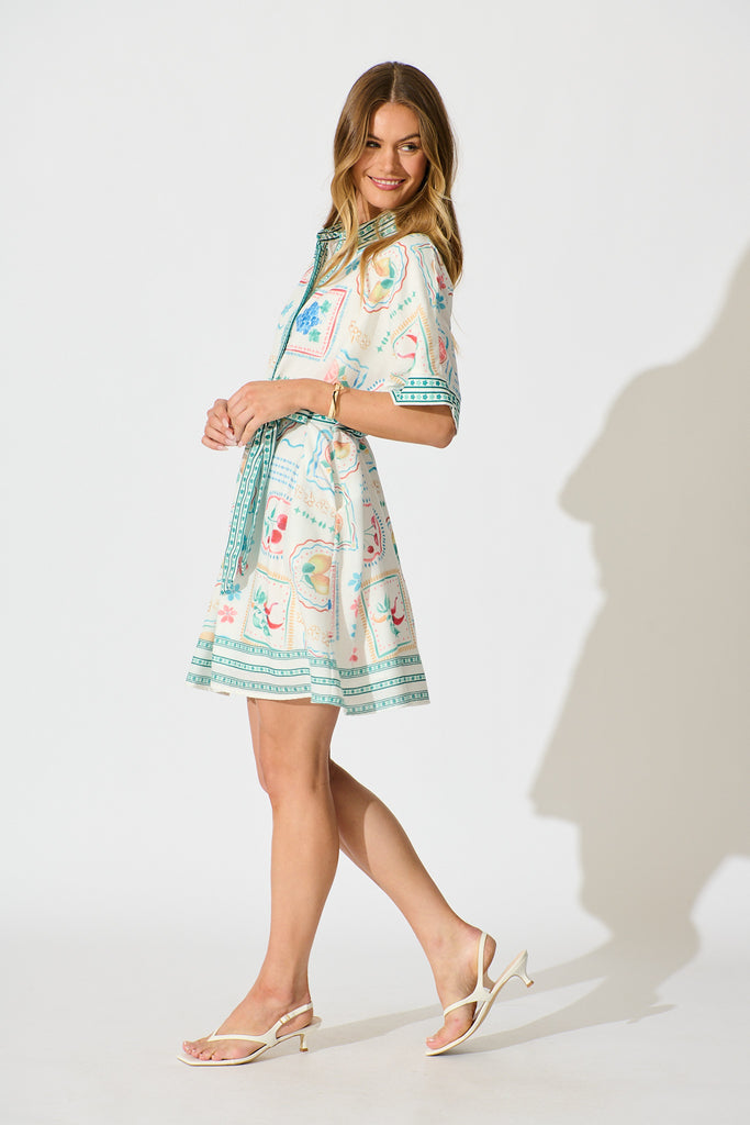Petra Shirt Dress in in White with Green Multi Print Linen Blend side