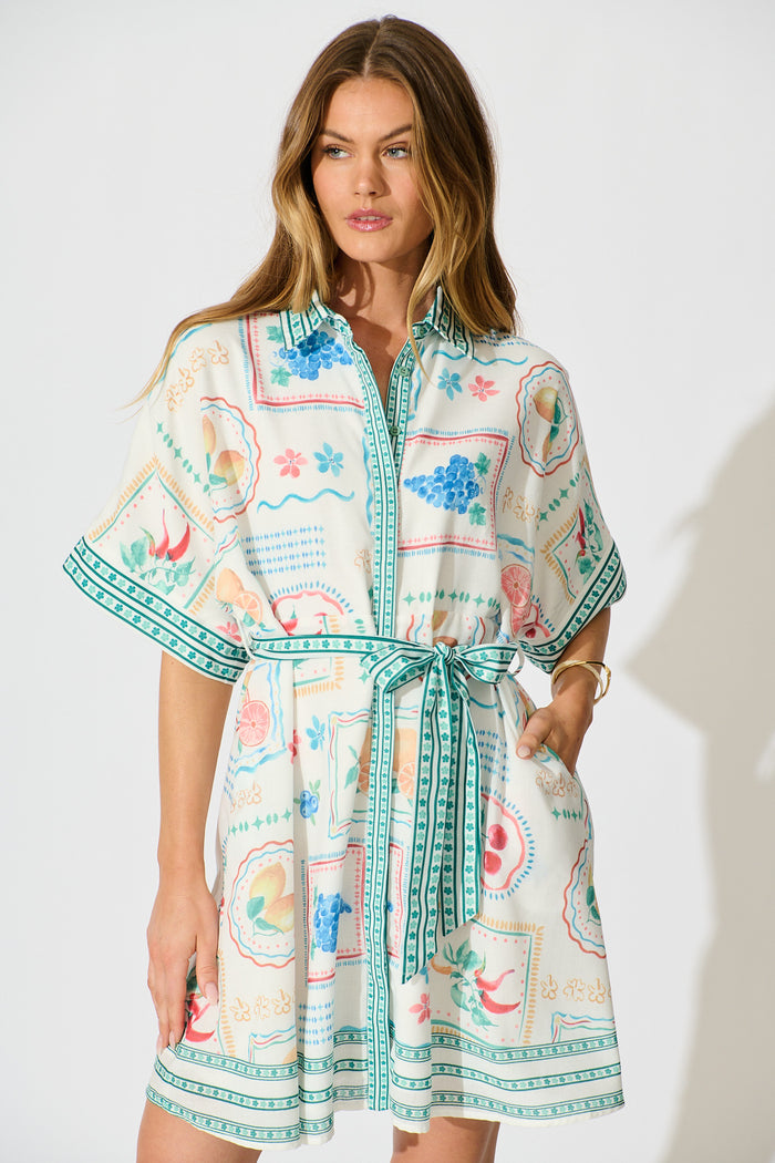 Petra Shirt Dress in in White with Green Multi Print Linen Blend front
