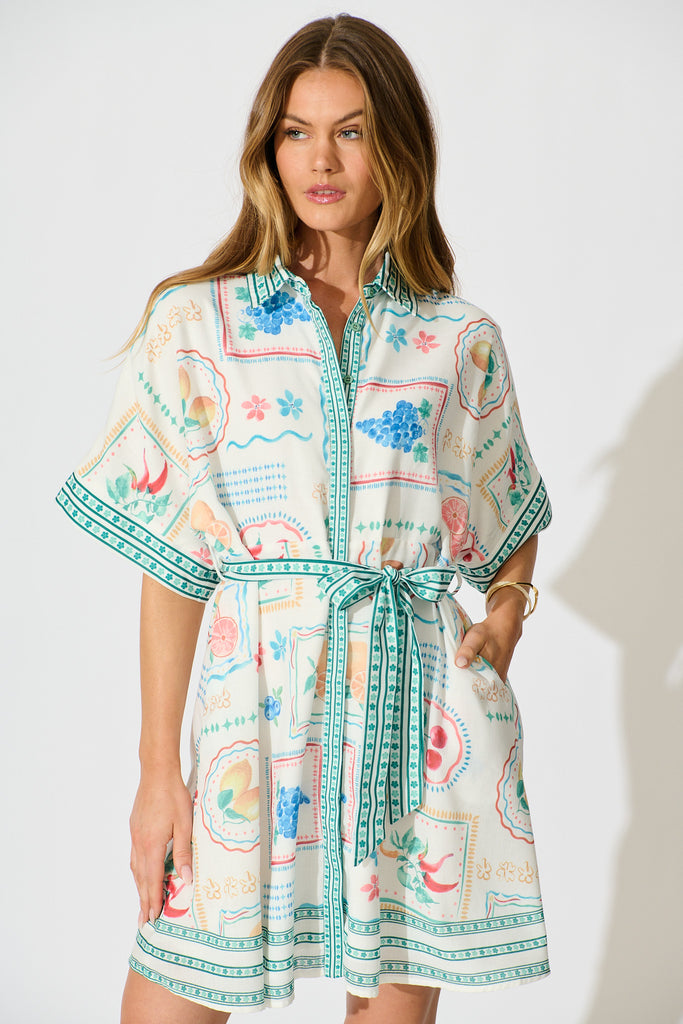 Petra Shirt Dress in in White with Green Multi Print Linen Blend front