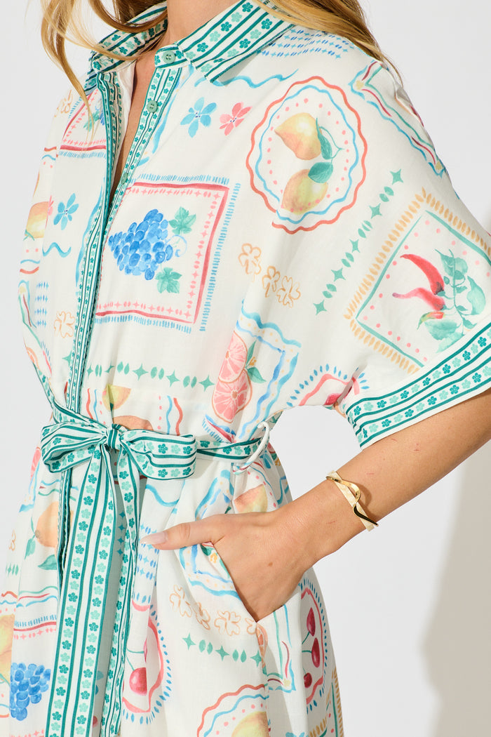 Petra Shirt Dress in in White with Green Multi Print Linen Blend detail