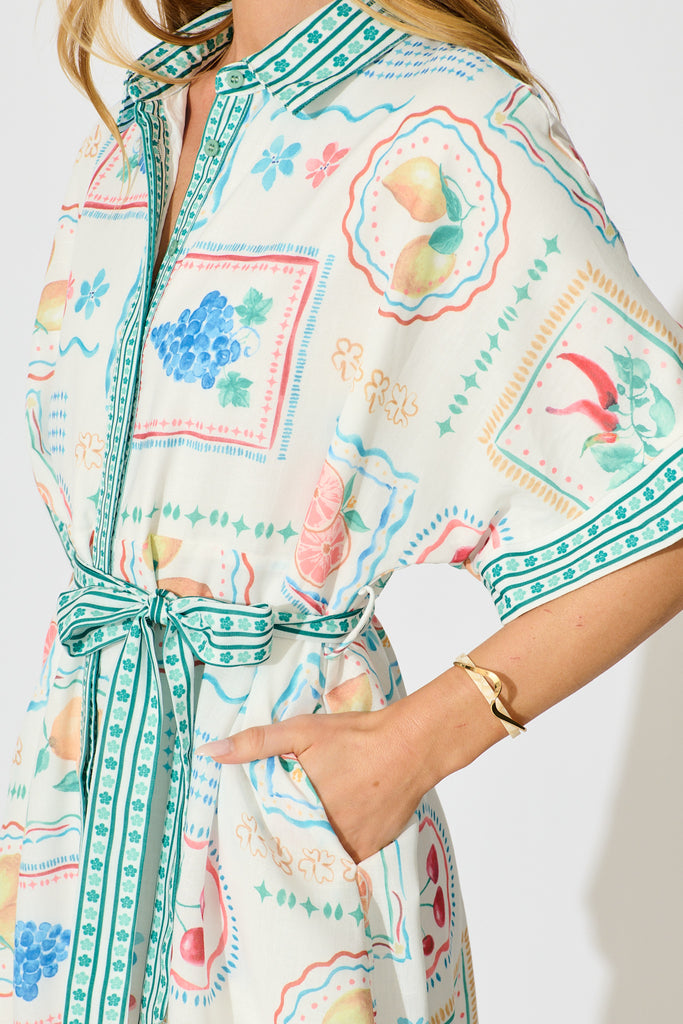 Petra Shirt Dress in in White with Green Multi Print Linen Blend detail