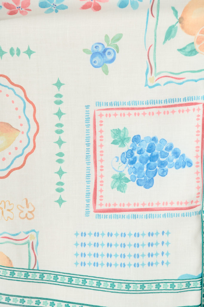 Petra Shirt Dress in in White with Green Multi Print Linen Blend fabric