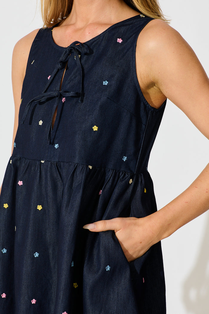 Emika Tie Front Dress in Dark Navy Multi Floral Embroidery Cotton Blend detail