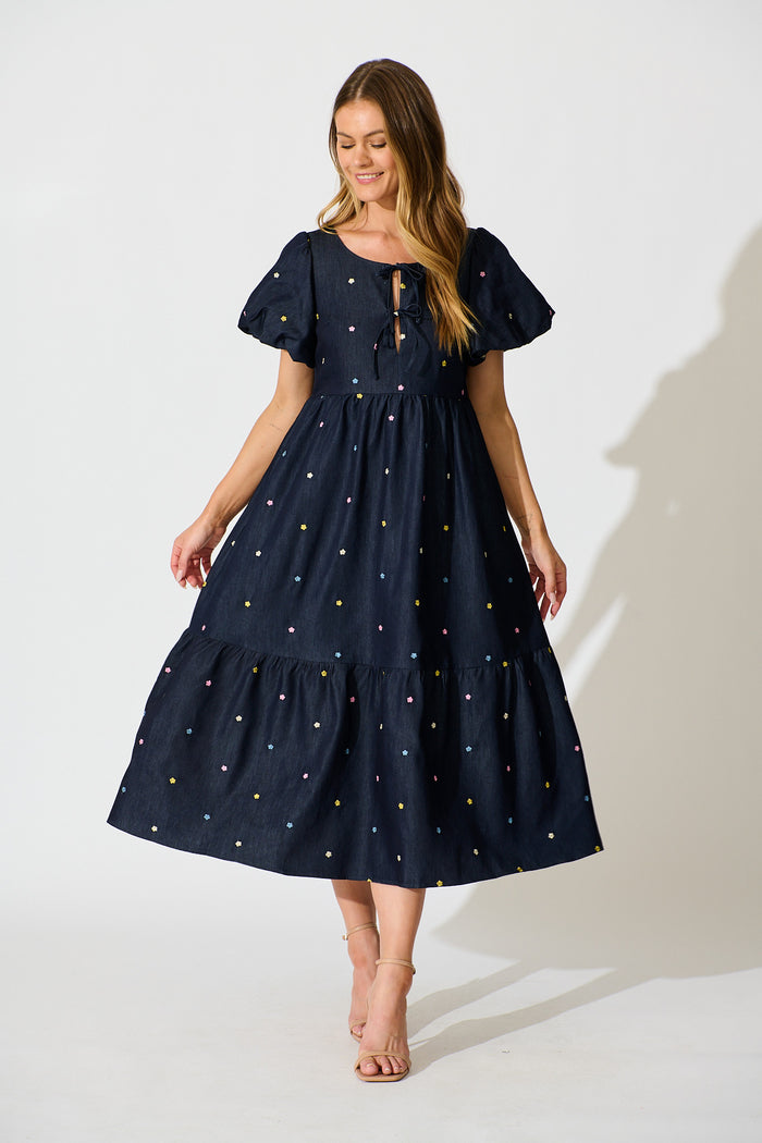 Hettie Tie Front Midi Dress in Dark Navy Multi Floral Embroidery Cotton Blend full length