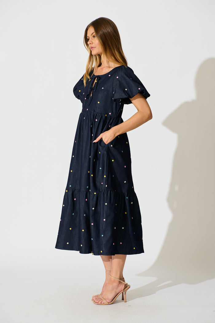 Hettie Tie Front Midi Dress in Dark Navy Multi Floral Embroidery Cotton Blend side