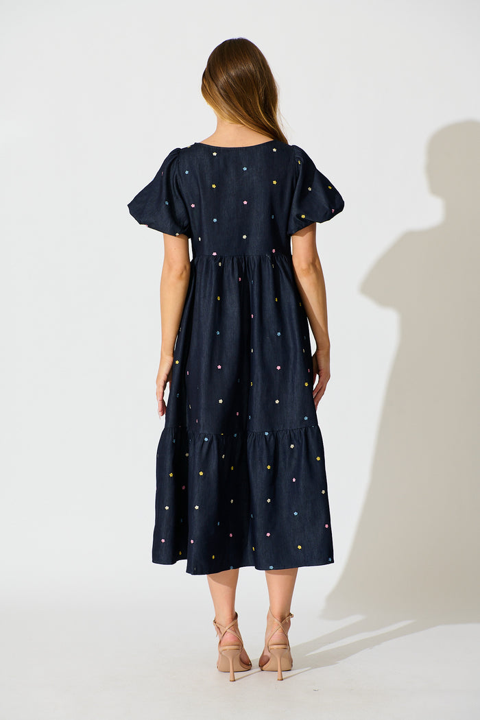 Hettie Tie Front Midi Dress in Dark Navy Multi Floral Embroidery Cotton Blend back