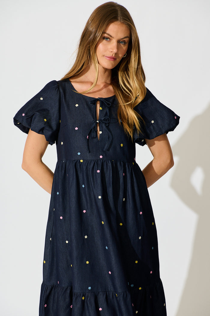 Hettie Tie Front Midi Dress in Dark Navy Multi Floral Embroidery Cotton Blend front