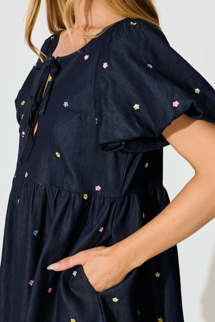Hettie Tie Front Midi Dress in Dark Navy Multi Floral Embroidery Cotton Blend detail