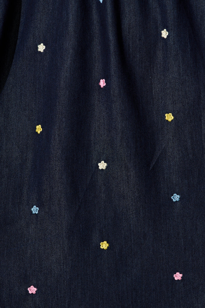 Hettie Tie Front Midi Dress in Dark Navy Multi Floral Embroidery Cotton Blend fabric