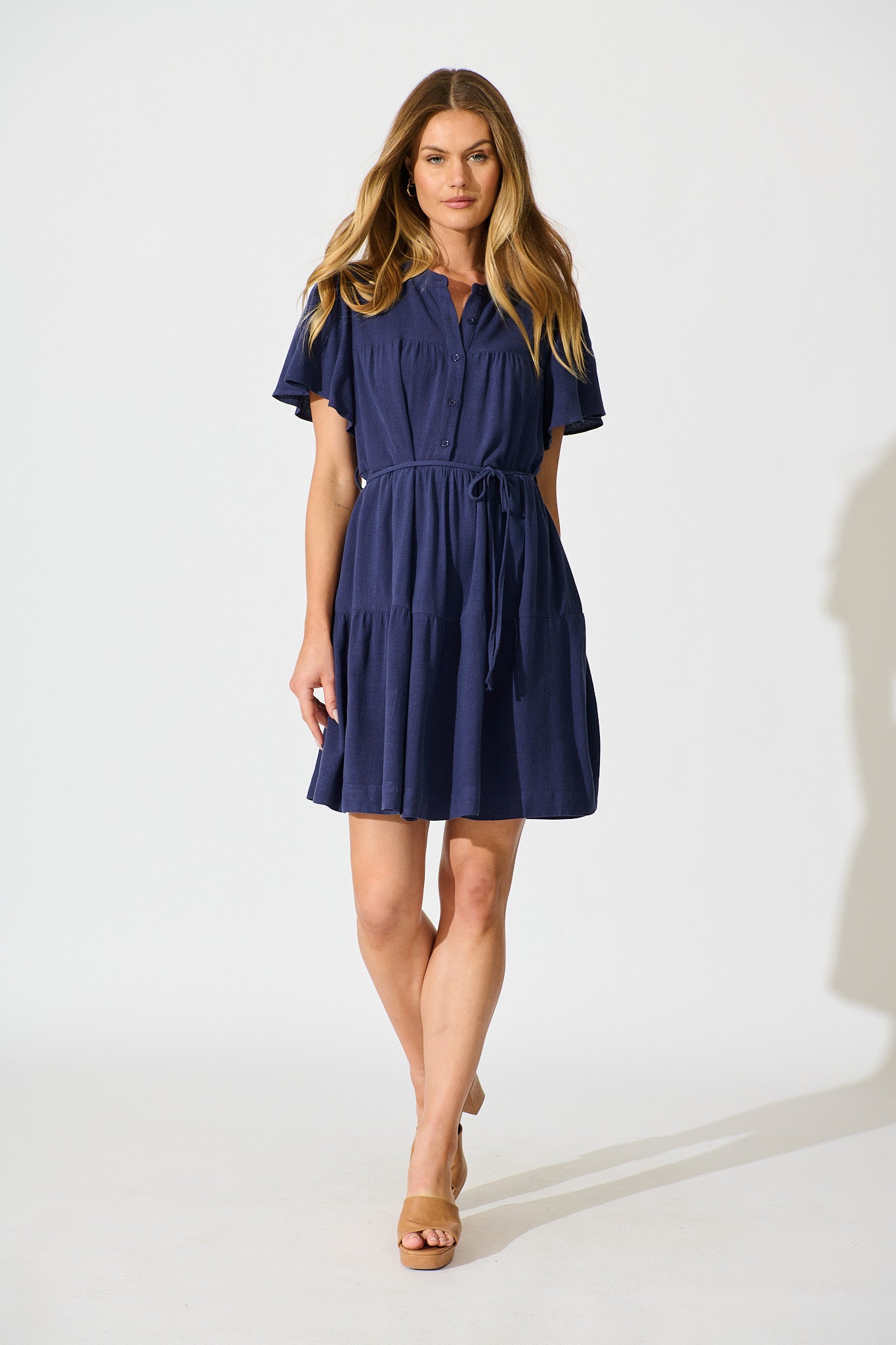 Rosemary Smock Dress in Navy Linen Blend full length