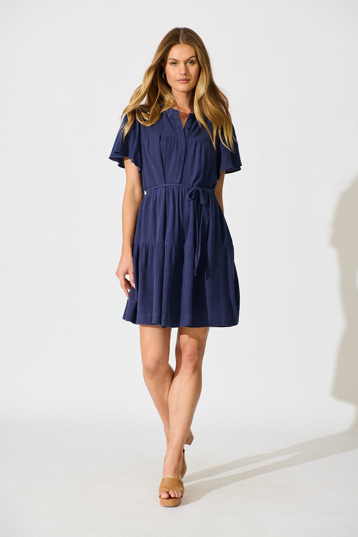 Rosemary Smock Dress in Navy Linen Blend full length