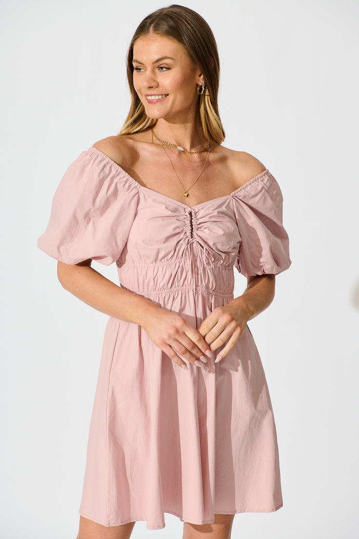 Maye Smock Dress in Dusty Pink Cotton front off-shoulder