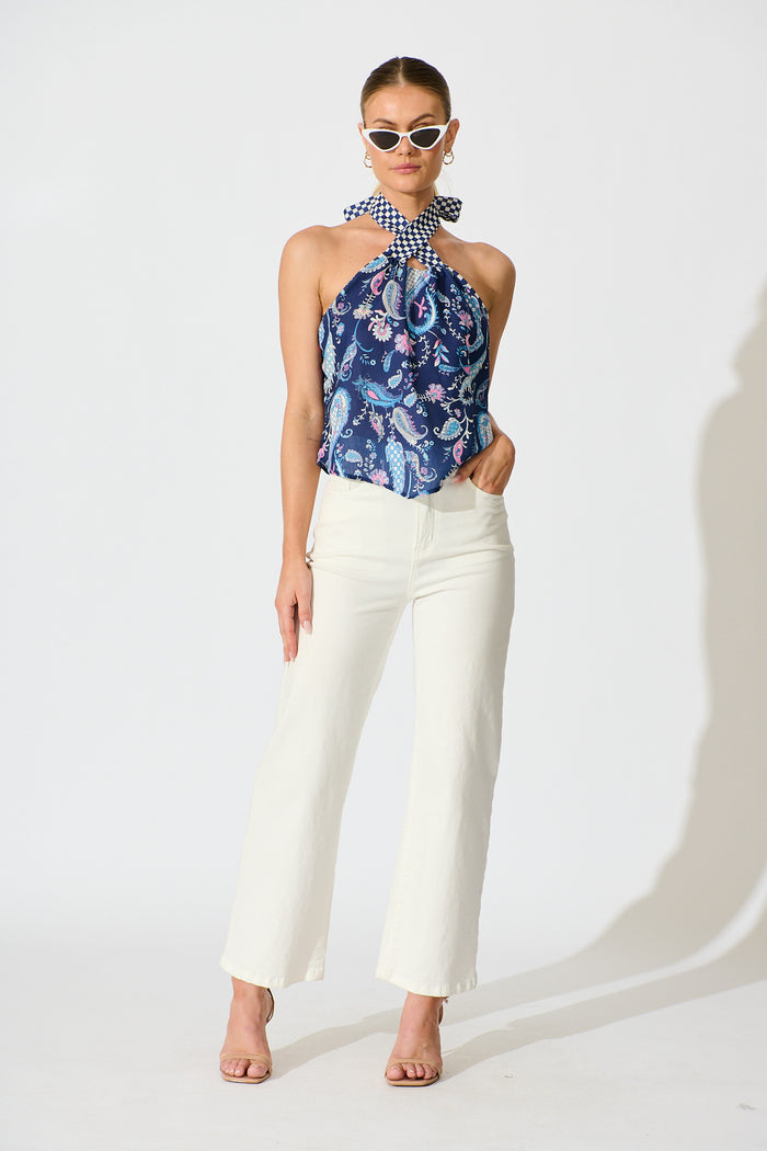 Braelyn Halterneck Top In Navy Paisley Print Linen Blend full length