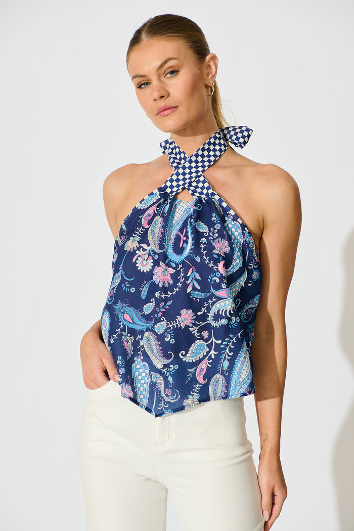 Braelyn Halterneck Top In Navy Paisley Print Linen Blend front