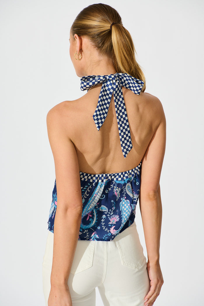 Braelyn Halterneck Top In Navy Paisley Print Linen Blend back