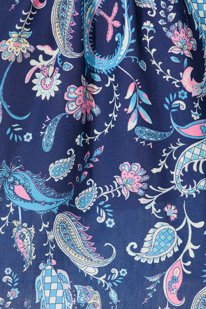 Braelyn Halterneck Top In Navy Paisley Print Linen Blend fabric