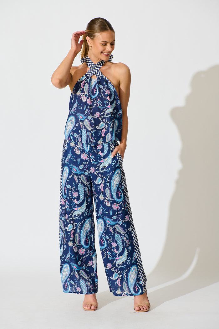 Braelyn Halterneck Top In Navy Paisley Print Linen Blend full length set