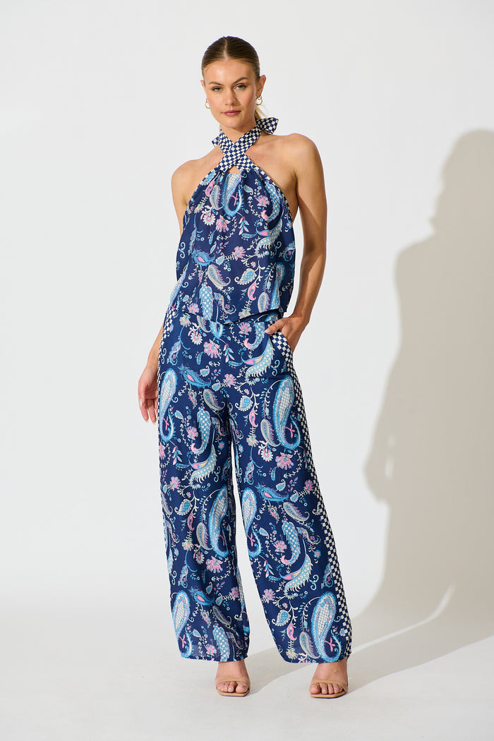Avandi Wide Leg Trousers In Navy Paisley Print Linen Blend full length set