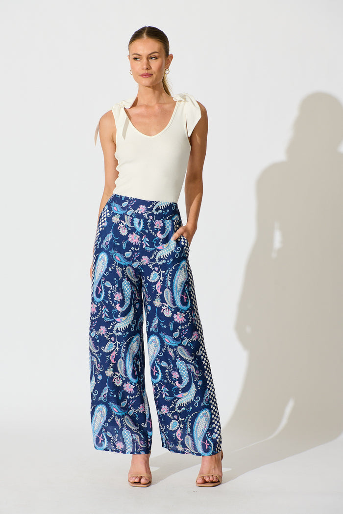 Avandi Wide Leg Trousers In Navy Paisley Print Linen Blend full length