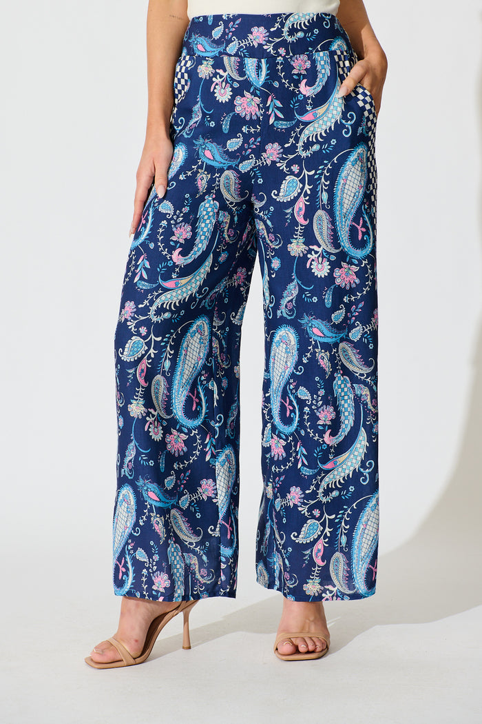 Avandi Wide Leg Trousers In Navy Paisley Print Linen Blend front