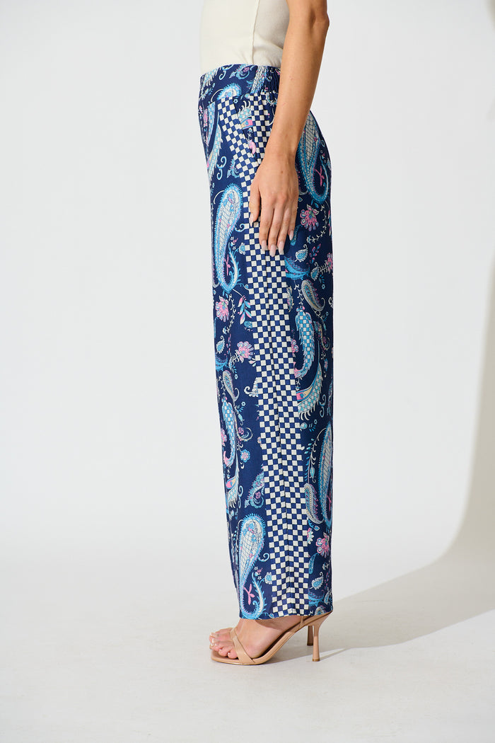 Avandi Wide Leg Trousers In Navy Paisley Print Linen Blend side