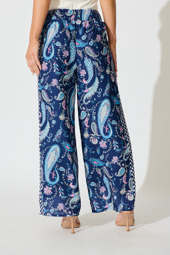 Avandi Wide Leg Trousers In Navy Paisley Print Linen Blend back