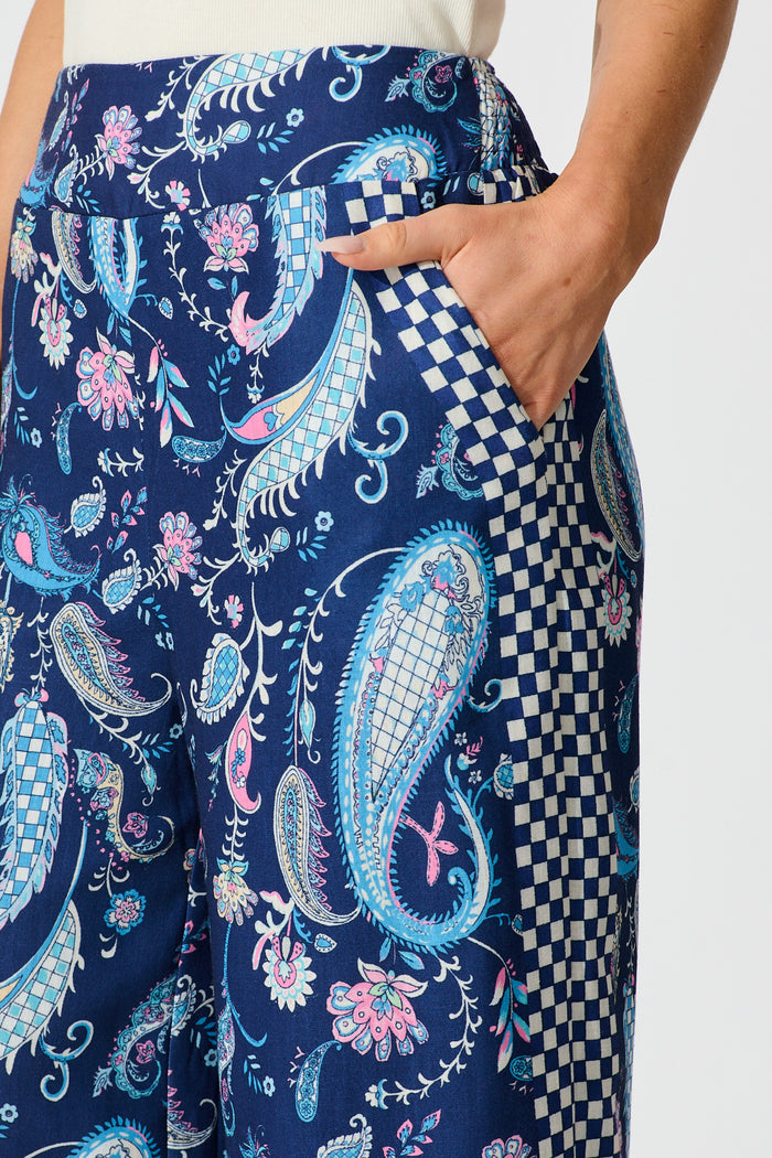 Avandi Wide Leg Trousers In Navy Paisley Print Linen Blend detail