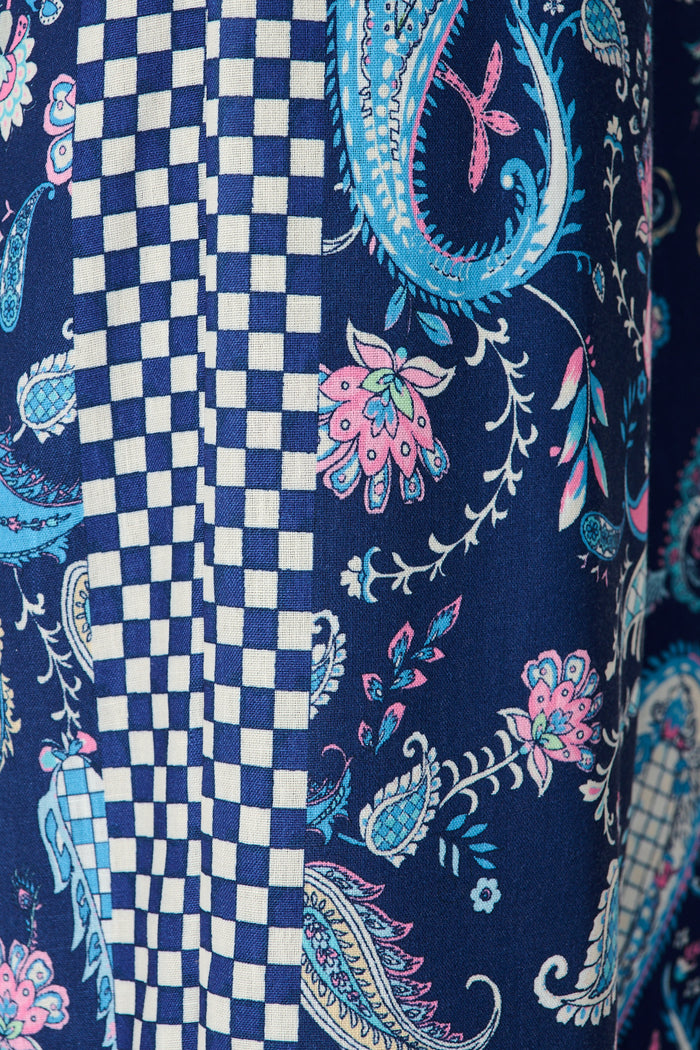Avandi Wide Leg Trousers In Navy Paisley Print Linen Blend fabric