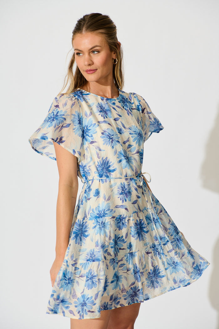 Anja Dress in Cream with Blue Floral front