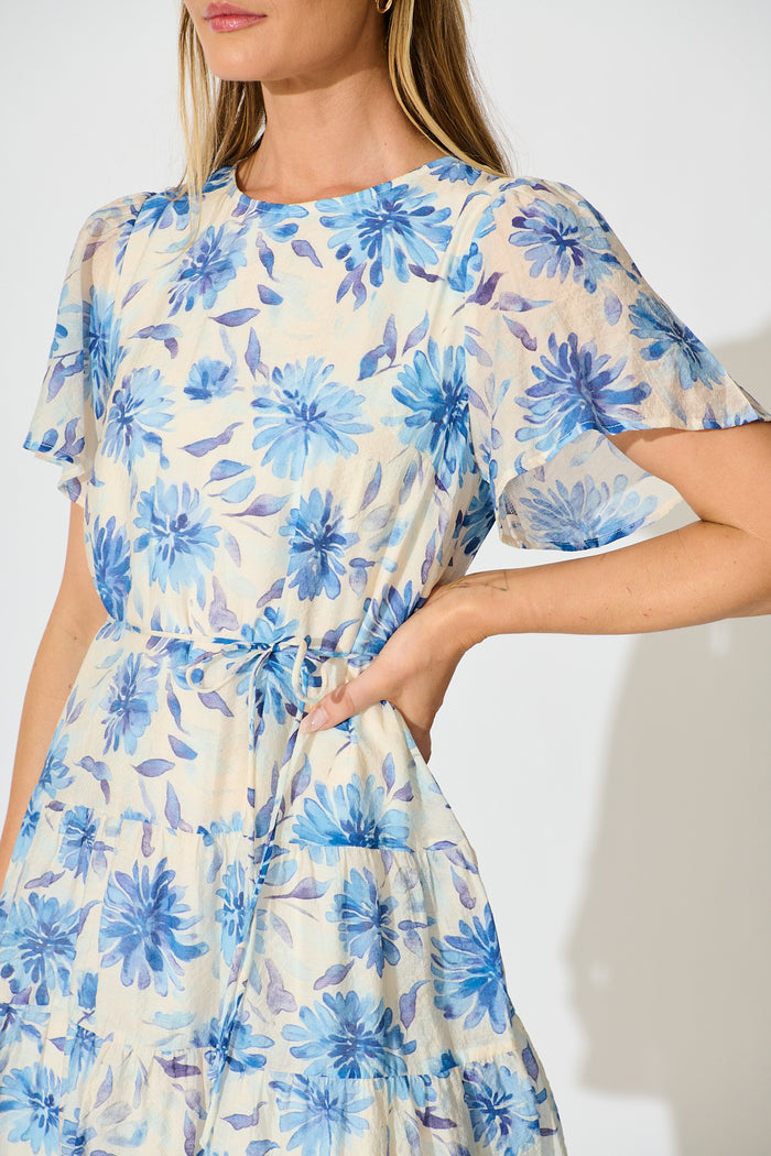 Anja Dress in Cream with Blue Floral detail