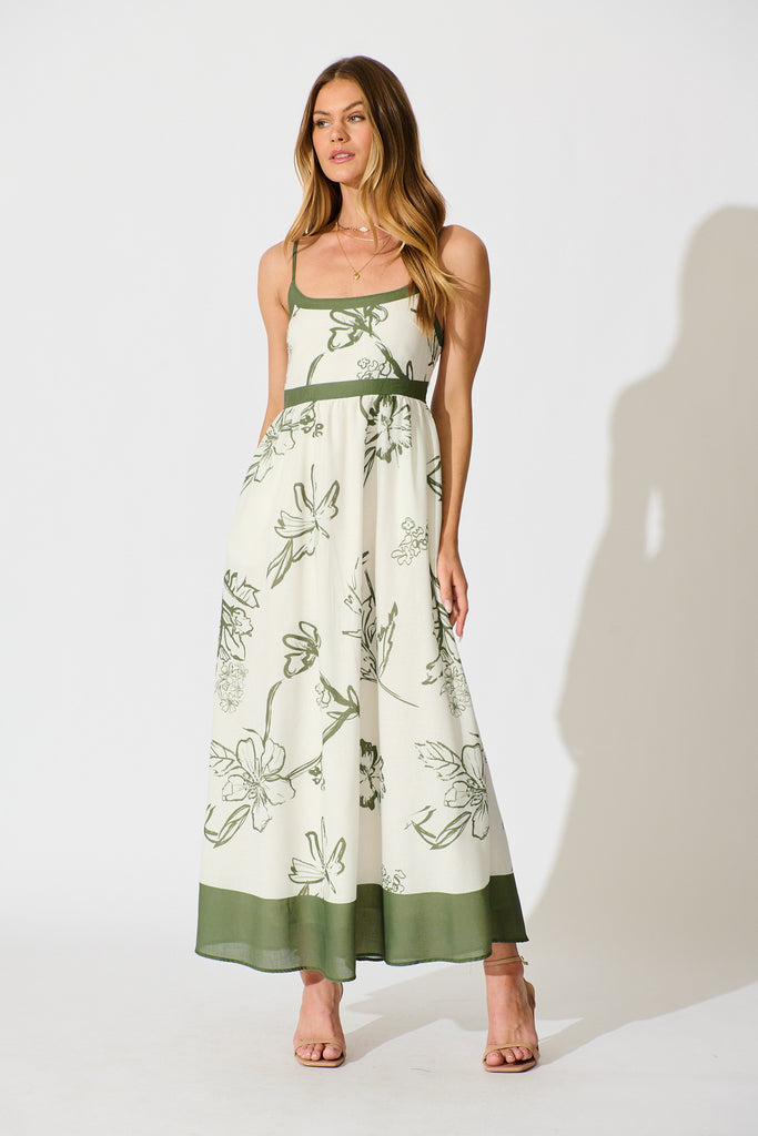 Harlan Maxi Sundress in Cream with Green Floral Linen blend full length