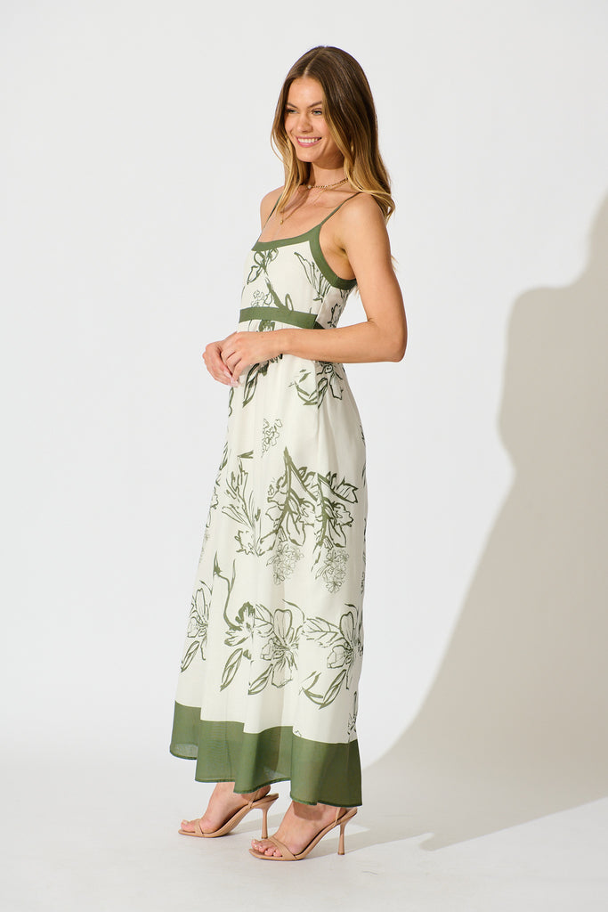 Harlan Maxi Sundress in Cream with Green Floral Linen blend side