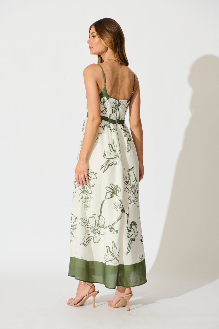 Harlan Maxi Sundress in Cream with Green Floral Linen blend back