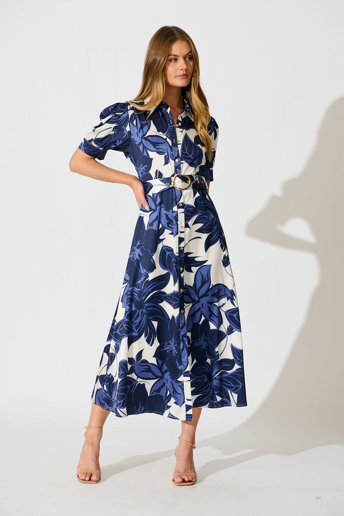 Trinity Maxi Shirt Dress in Navy Floral Satin full length