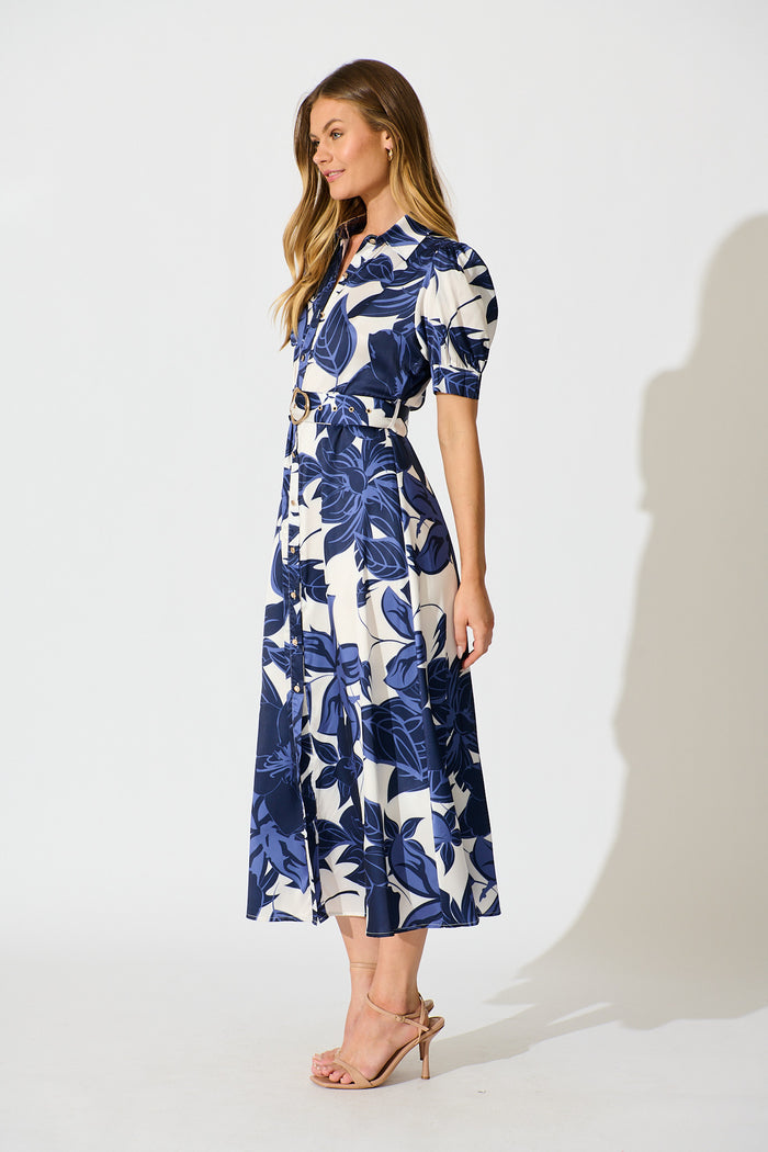 Trinity Maxi Shirt Dress in Navy Floral Satin side