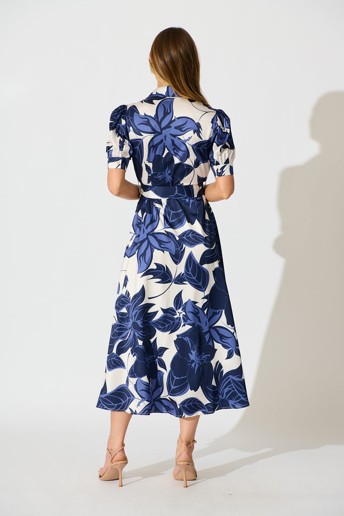 Trinity Maxi Shirt Dress in Navy Floral Satin back