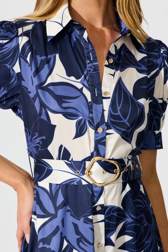 Trinity Maxi Shirt Dress in Navy Floral Satin detail