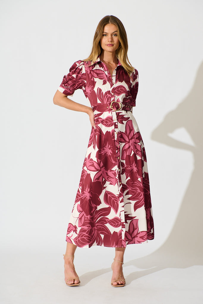 Trinity Maxi Shirt Dress in Red Floral Satin full length