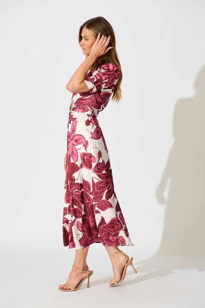 Trinity Maxi Shirt Dress in Red Floral Satin side